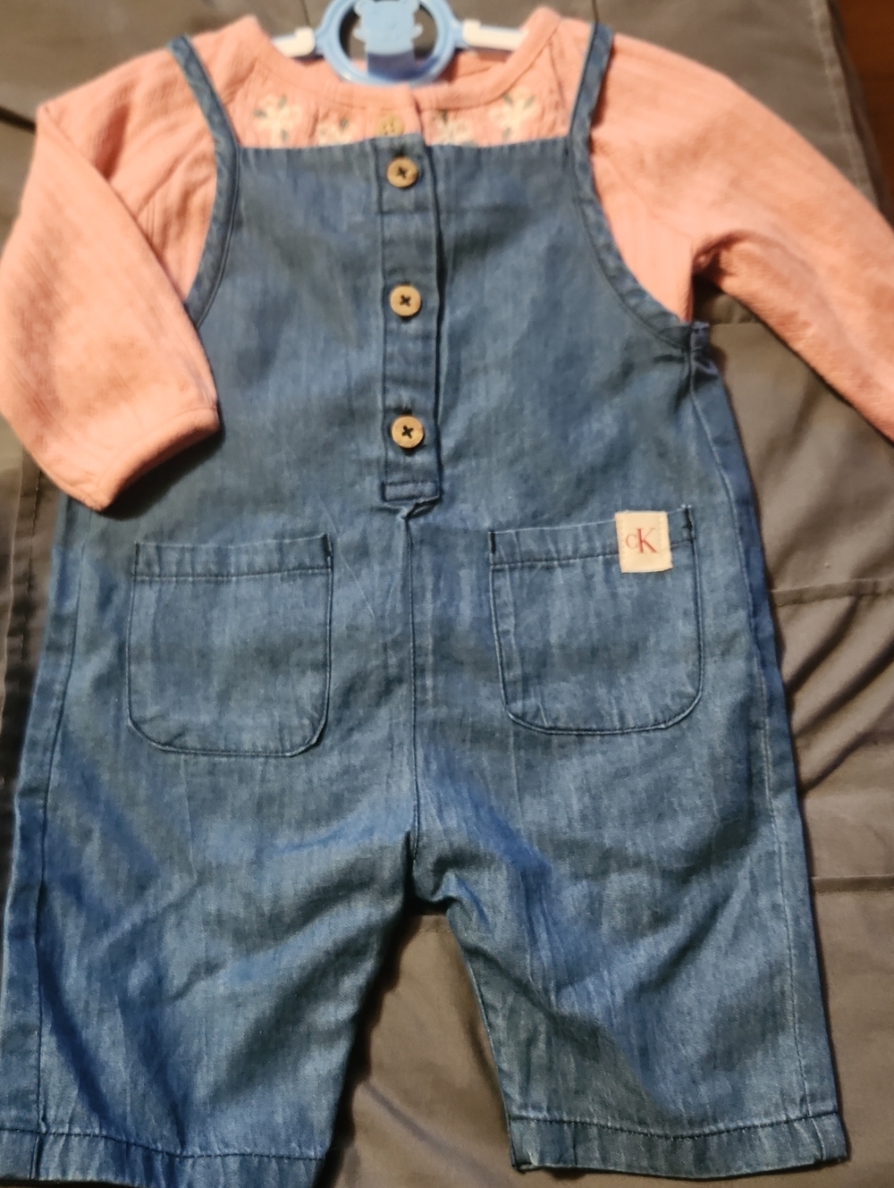 Calvin Klein Pink Top with Blue Denim Overalls